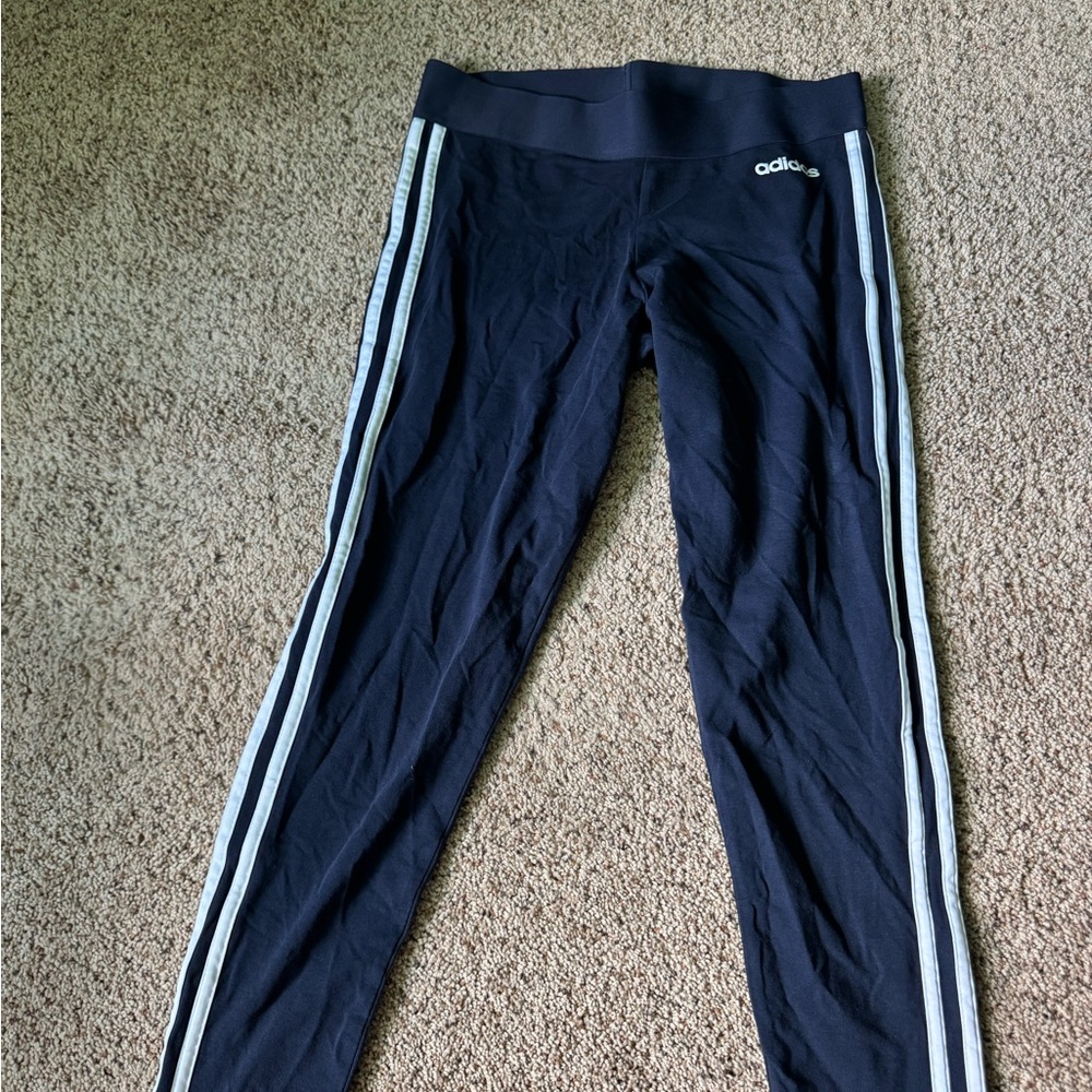 Adidas Blue and White Capri Leggings with Signature Stripes